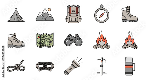 A collection of minimalist line icons depicting essential camping and hiking gear.