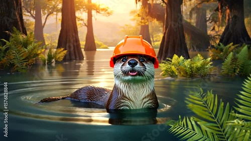 Playful otter wearing an orange hard hat swimming in a serene swamp surrounded by trees