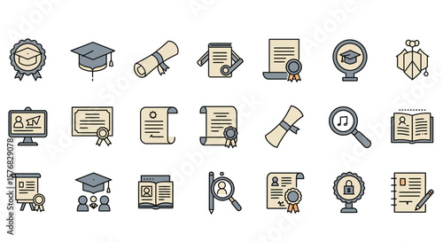 Collection of education-related icons depicting graduation, certificates, online learning, and academic achievements in a flat design style.