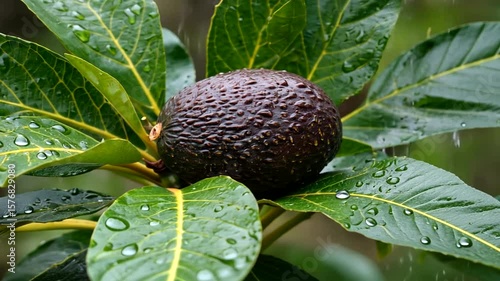 Ripe avocado resting on lush green leaves, glistening with raindrops in a natural setting