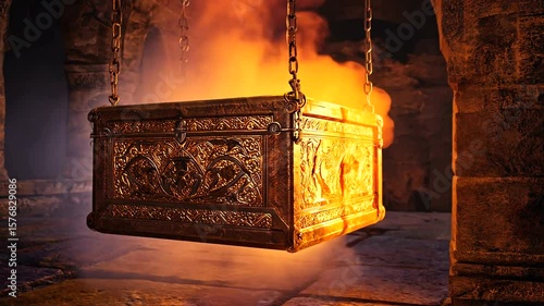 Ornate treasure chest suspended in a mystical underground chamber with glowing smoke