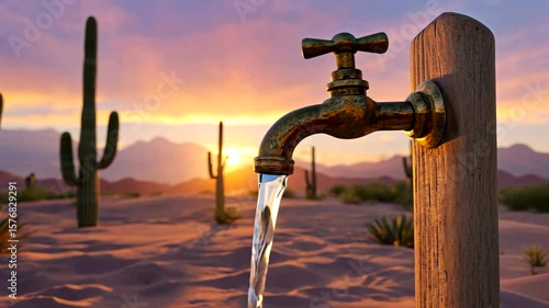Rustic faucet pouring water in a desert landscape at sunset with cacti in the background