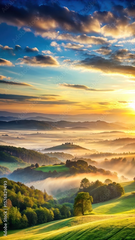 Obraz premium serene sunrise over gentle hills at dawn