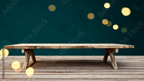Rustic wooden table on a wooden deck with a blurred bokeh background and serene ambience