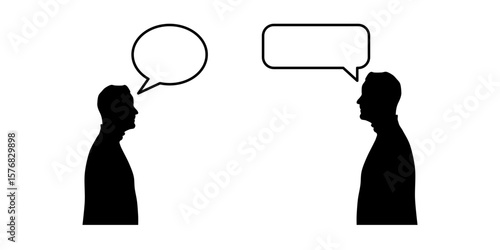 Set of Male Silhouettes with Speech Bubbles, Communication and Thought Concepts. A collection of four black male head silhouettes in profile, each paired with a different style of blank speech.