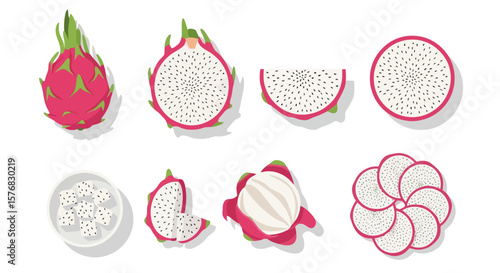 Dragon Fruit Anatomy: Whole, Sliced, and Peeled Illustration
