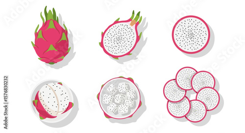 Dragon Fruit Vector Set: Whole, Halved, and Sliced