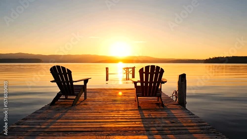 Serene sunset view over calm lake with wooden dock and chairs, creating a peaceful atmosphere