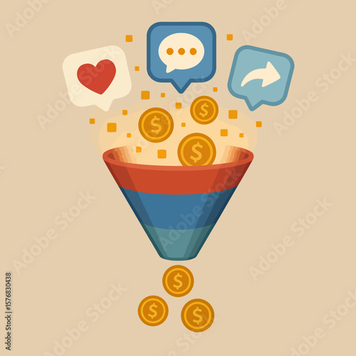 Conversion funnel showing the transformation of social media engagement into money, an abstract business concept.