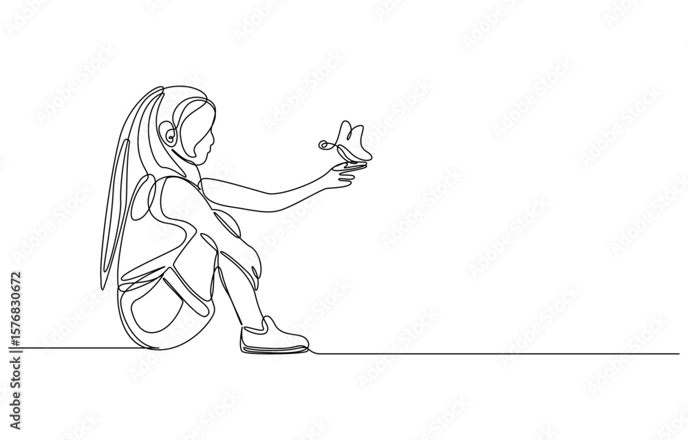 Obraz premium Girl with Butterfly A Single-Line Drawing, Singles Day Celebration line Drawing 