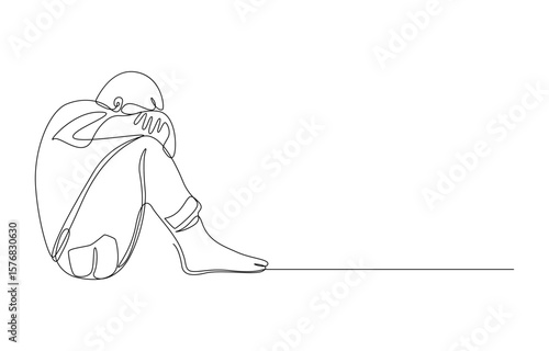 Person in fetal position, minimalist line art representing sadness and despair, Singles Day Celebration 
