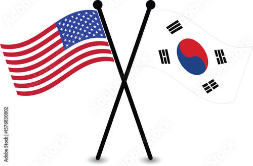 Crossed Flags of the USA and South Korea Republic. Representing Diplomacy Relations and partnership.