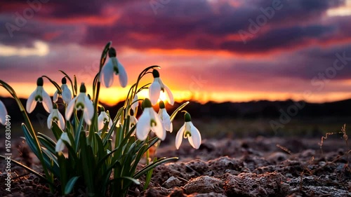 Snowdrop flowers blooming in a field at sunset, with vibrant clouds in the background