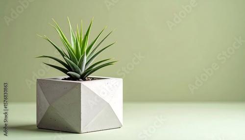 Succulent Plant in Geometric Concrete Planter Against Light Green Minimalist Background
