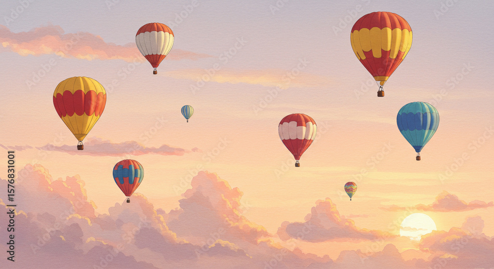 Fototapeta premium Watercolor hot air balloons floating over soft sunrise sky with pastel clouds