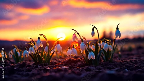 Snowdrop flowers blooming in a field during sunset, with vibrant colors in the sky