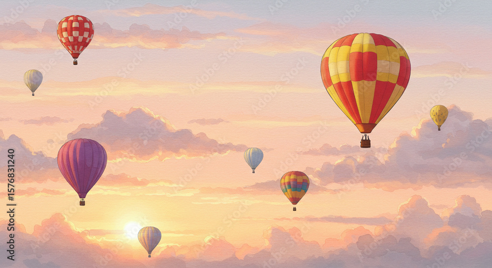 Fototapeta premium Watercolor hot air balloons floating over soft sunrise sky with pastel clouds