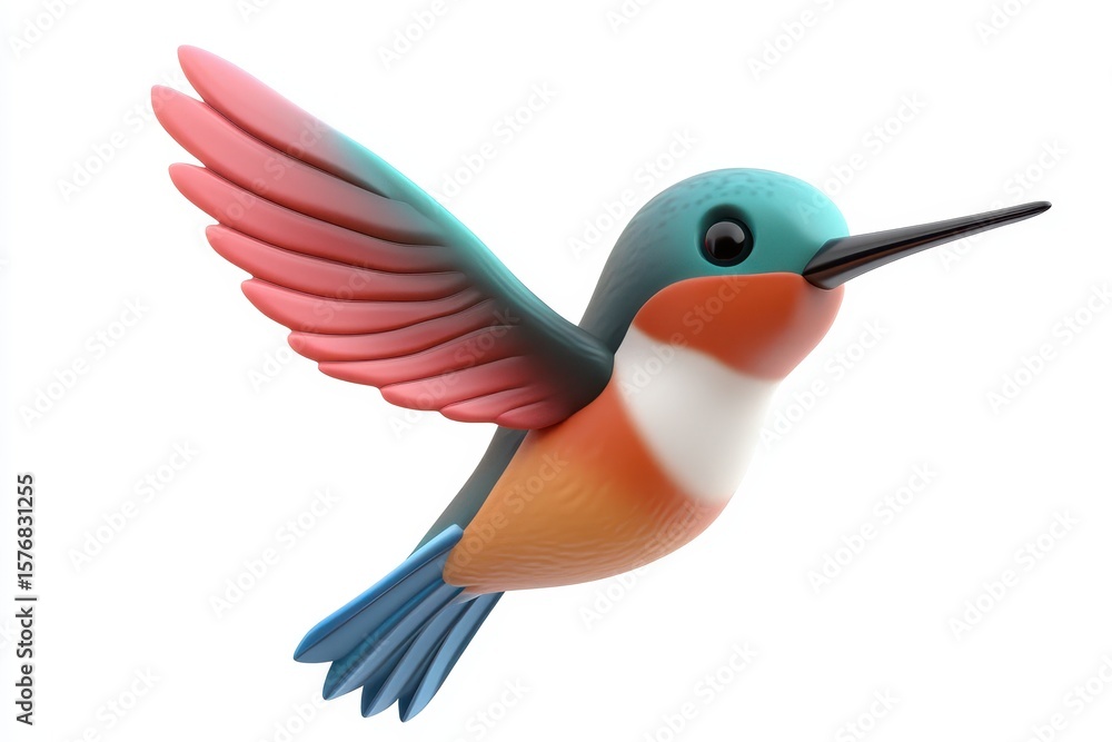 Obraz premium Hummingbird hovering mid-air 3d cartoon character on white background
