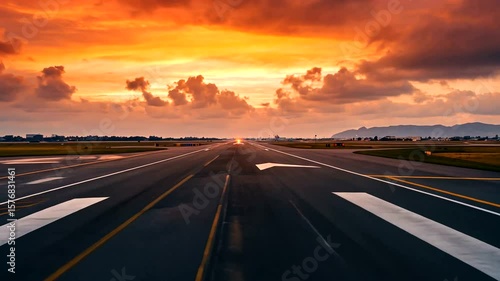 Sunset over an empty runway, showcasing vibrant colors and distant mountains under clouds