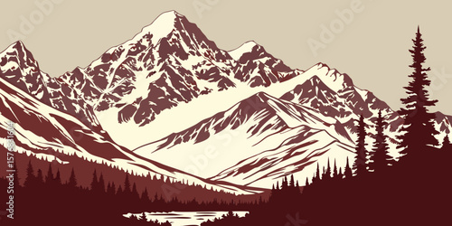  Mountain winter landscape perfect, unique  view for natural 3D wallpapers in red white background vector illustration