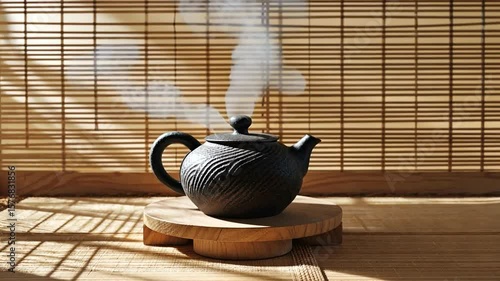 Traditional black teapot with steam rising, set on a wooden tray against a bamboo backdrop