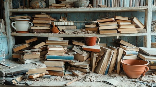 Books and pots fallen off shelves during shake