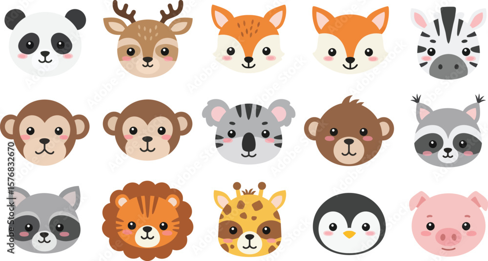 Set of cute and kawaii 15 animal signs. Flat cartoon vector isolated on white background. Set of cute and kawaii 15 animal signs. Flat cartoon vector isolated on white background.