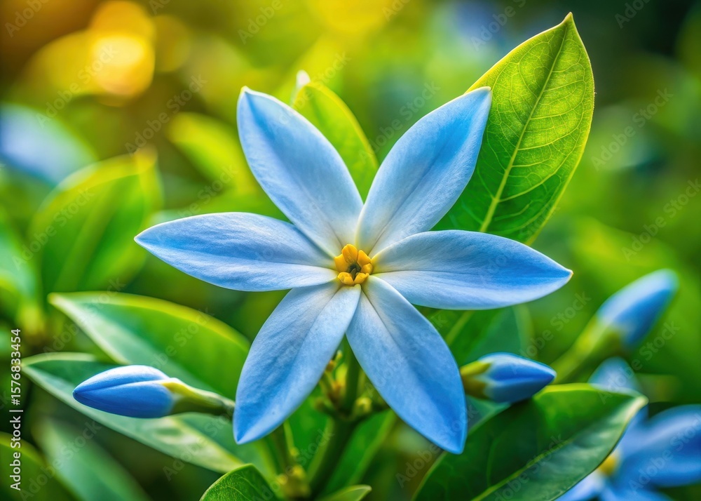 Obraz premium Delicate blue jasmine flower with yellow stamens and lush green leaves in a garden setting