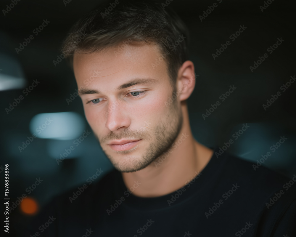 Fototapeta premium A handsome man with a beard and short hair looks down with a contemplative expression.