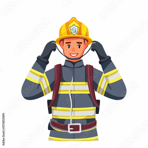 Vector of a young male firefighter adjusting his helmet confidently, wearing complete protective uniform � showcasing professionalism and readiness in emergency service
