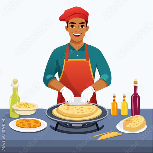 Vector art of a young street food vendor preparing kottu roti on a sizzling hotplate and neatly wrapping it in paper � a vibrant depiction of local cuisine and culture