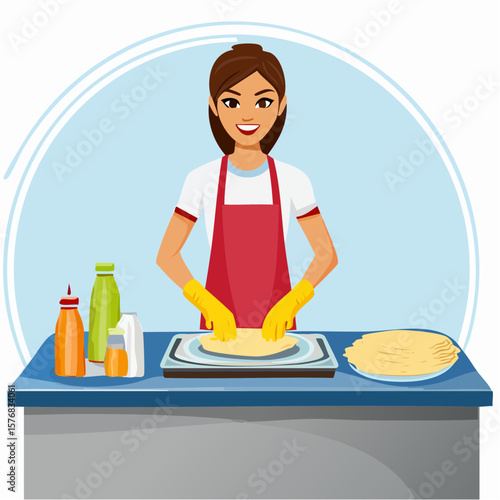 Vector of a young kottu roti street vendor preparing food on a hotplate, wrapping it in paper � authentic South Asian food culture in vibrant style