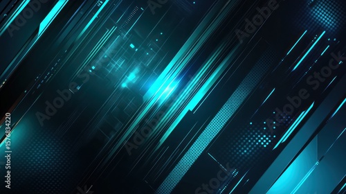 A futuristic abstract background with digital grids, glowing geometric patterns, and neon accents in shades of blue and teal, evoking a high-tech and sleek vibe