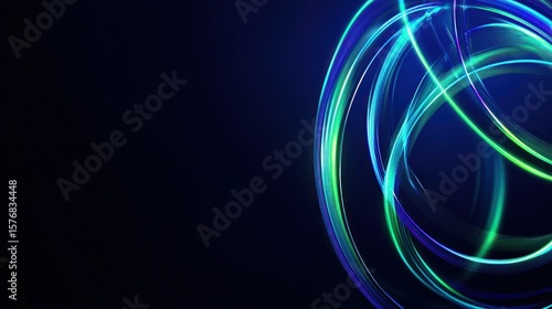 A futuristic abstract background with glowing rings and arcs in neon blue and green, moving in a dynamic, swirling motion across the dark backdrop