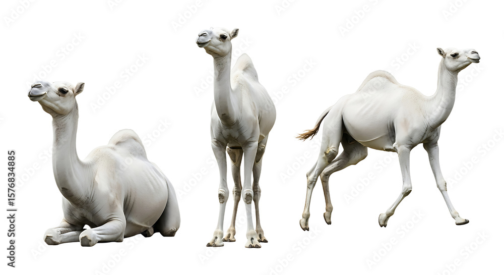 Fototapeta premium Three White Camels in Various Poses Against a Transparent Background.
