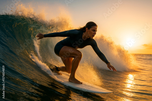 mujer surfeando una ola en la playa