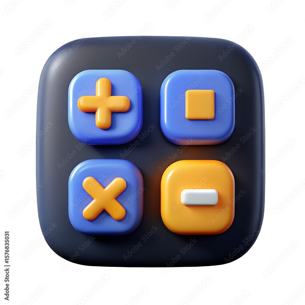 Fototapeta premium Modern 3d calculator icon with plus minus multiply and square buttons
