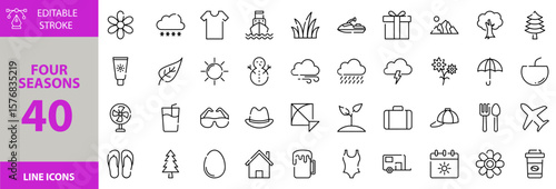 Four Seasons icon set. Containing Vector pictograms of slipper, plastic, flower, calendar, caravan, swim suit, beer mug, home, fan, glass, coconut, sun and more editable icons. Victor Illustration.