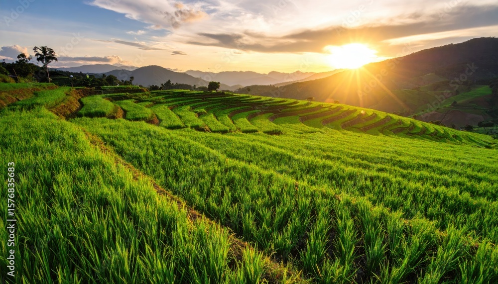 Fototapeta premium Lush green rice terraces at sunset