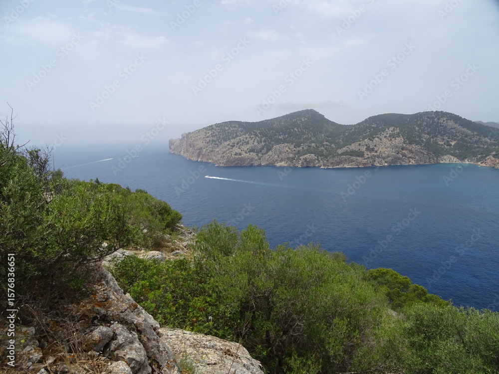 Fototapeta premium View from cliff above Cap Andritxol and coastline of southwest Mallorca