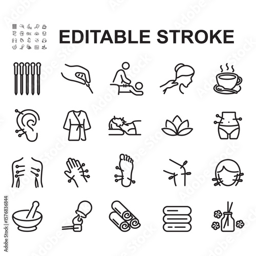 Acupuncture icon set. Thin line style vectors. Contains icons for traditional medicine, needles, cupping, and more.