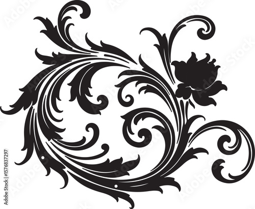 Eight Black floral decorations on white background Swirly elegant patterns aesthetics decoration elements white background watercolor flower-like design The flower decoration is a water-coloured vinta
