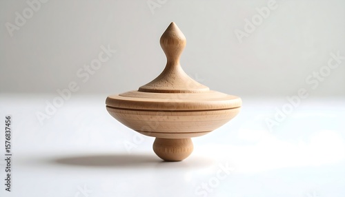 Wooden Spinning Top Close Up on White Background Studio Still Life