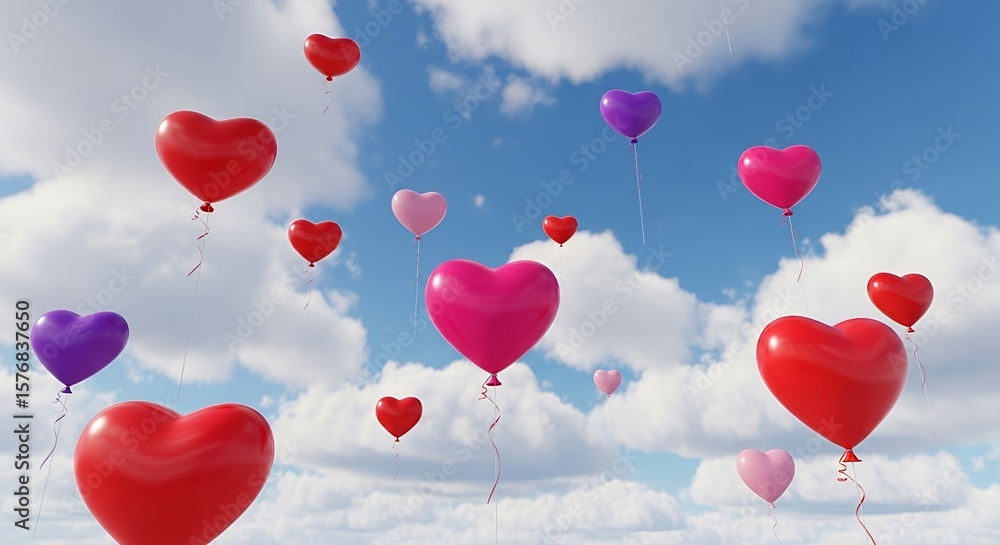 Heart-Shaped Balloons Soaring High in a Blue Sky: A Romantic Valentine's Day Scene Heart-Shaped Balloons Soaring High in a Blue Sky: A Romantic Valentine's Day Scene
