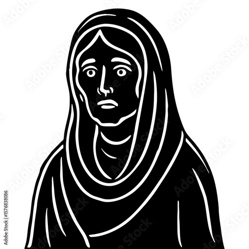Grieving woman in black hooded robe illustration
