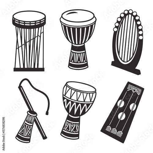African drums and folk instruments black silhouette collection percussion musical instruments