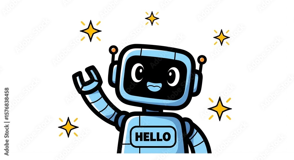 Naklejka premium Cheerful Blue Robot Character Waving Hello, Friendly AI Bot Illustration, Digital Art