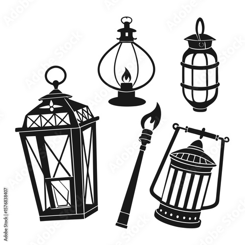 Ancient lanterns and torch silhouettes on white background oil lamp vintage