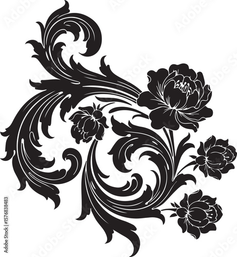 Eight Black floral decorations on white background Swirly elegant patterns aesthetics decoration elements white background watercolor flower-like design The flower decoration is a water-coloured vinta