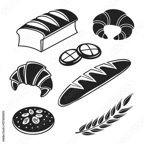Bakery assortment loaf croissant bread rolls wheat vector